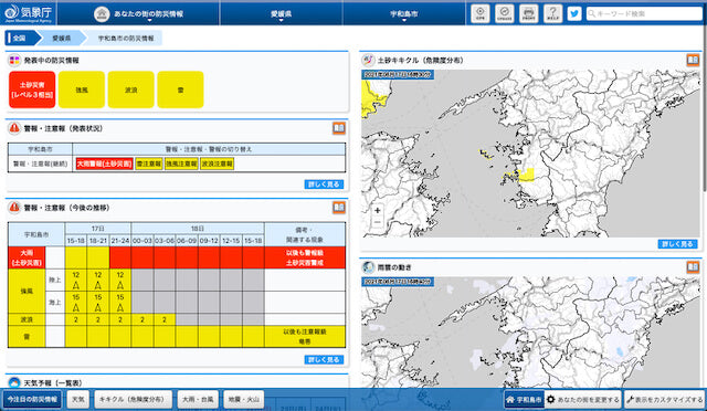 気象庁サイトから宇和島市の防災情報が確認できます。