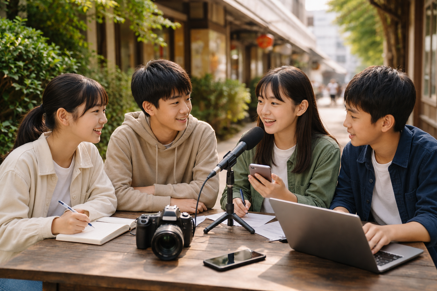 宇和島の商店街で配信をする中学生たち（イメージ）