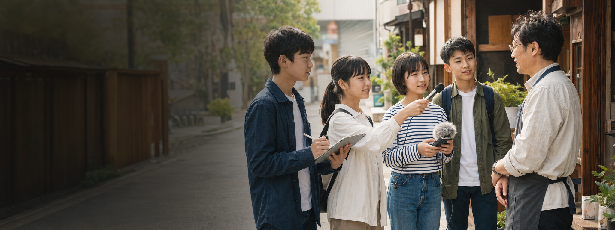 宇和島市内を取材する中学生たち（イメージです）
